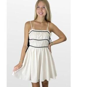 Idem Ditto Size Small Mini Shift Tie Dress Cream Cotton Ruffled Spaghetti Straps